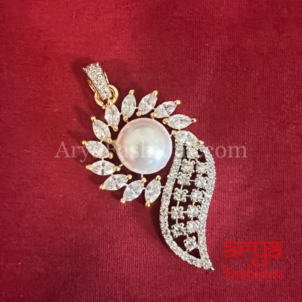 Niva Golden CZ Pearl Pendant with Stud Earrings