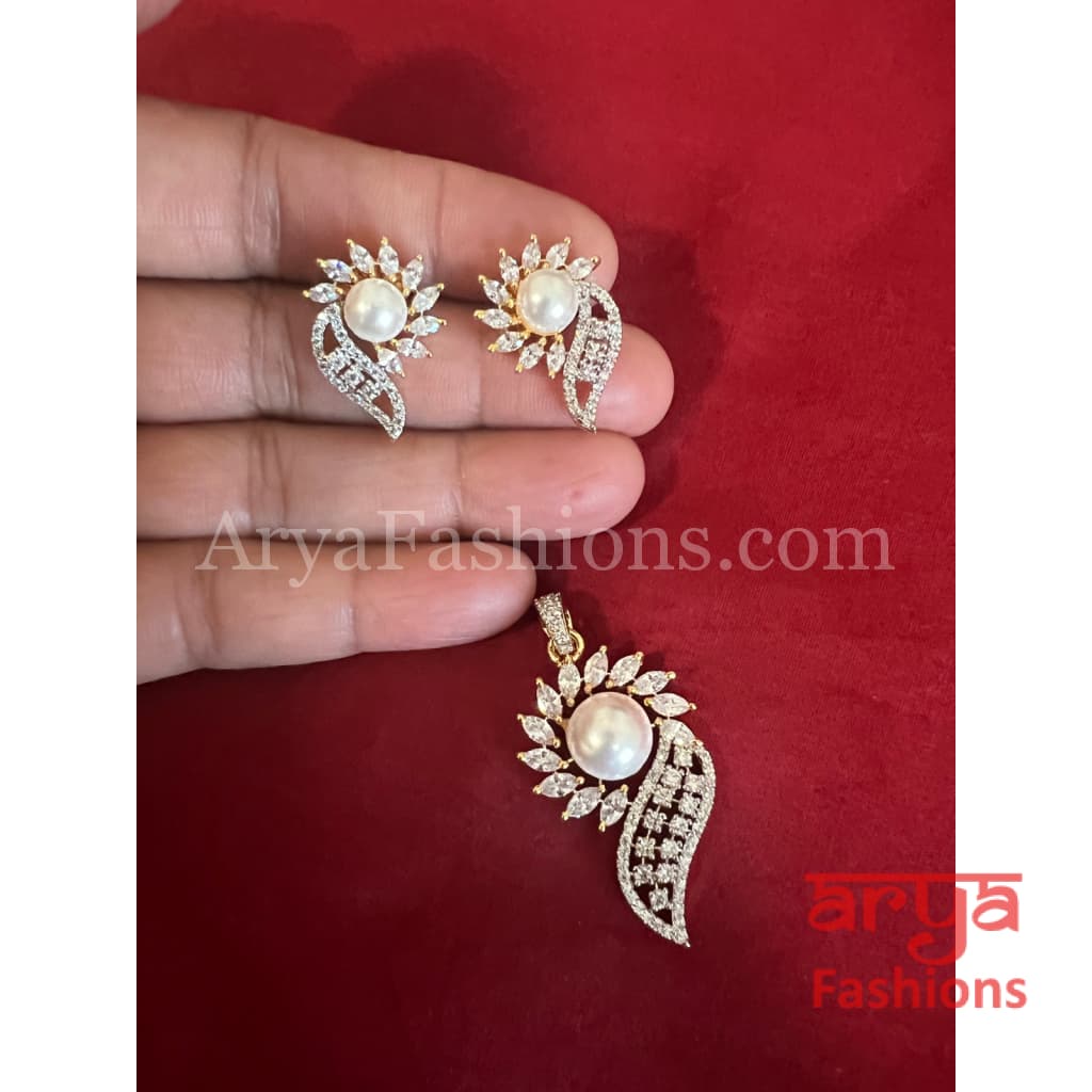 Niva Golden CZ Pearl Pendant with Stud Earrings