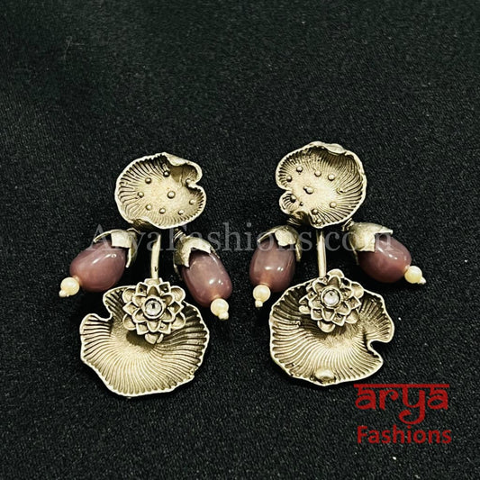 Peach Maroon Oxidized Silver Tribal Studs