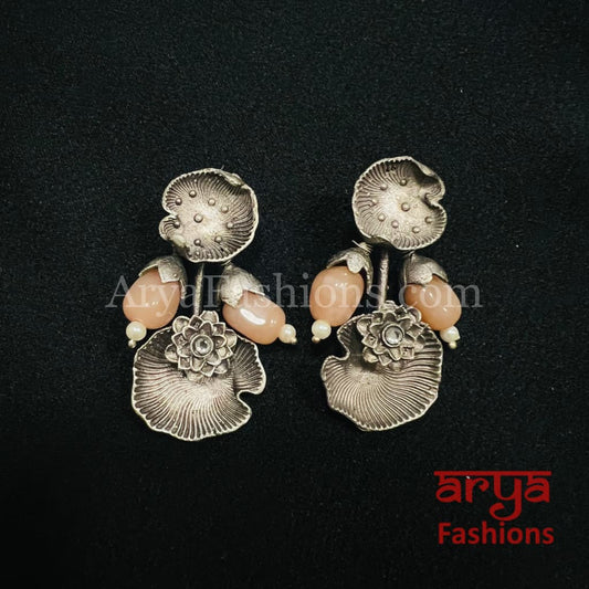 Peach Maroon Oxidized Silver Tribal Studs