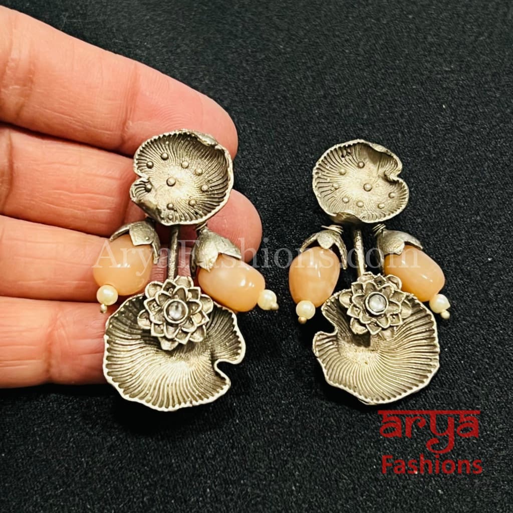 Peach Maroon Oxidized Silver Tribal Studs