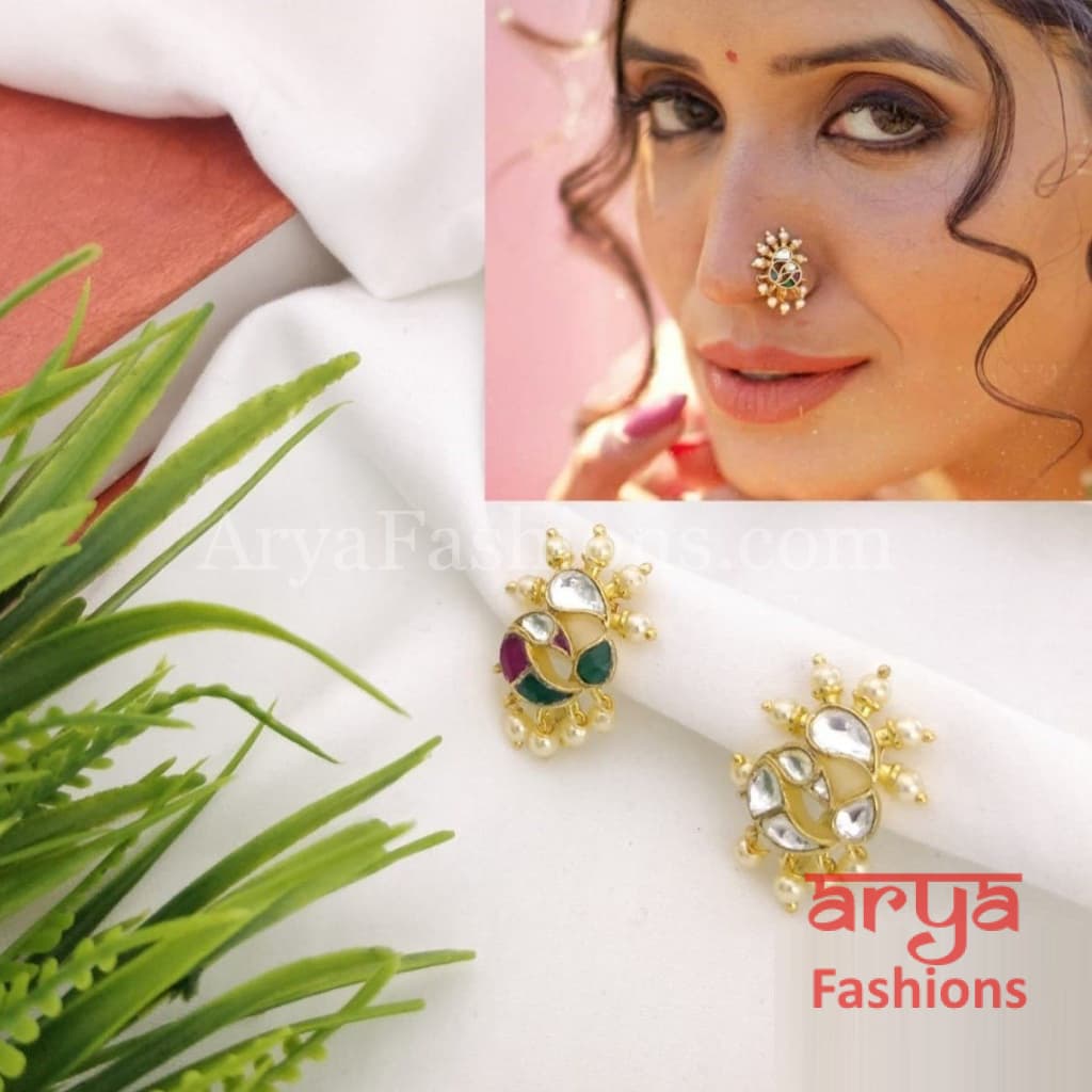 Peacock Nose Clip/ Kundan CZ non piercing nose ring/ Bridal Nosepin