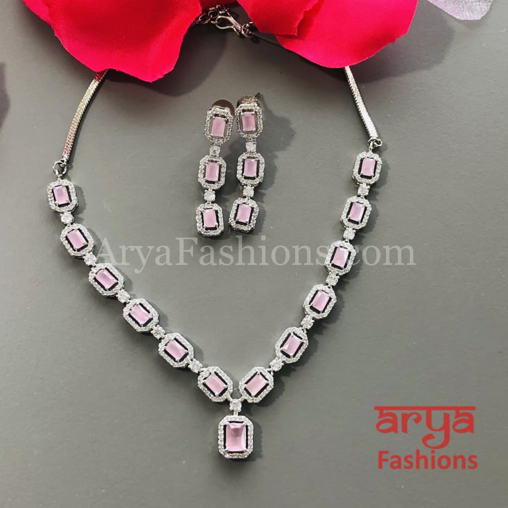 Pink CZ Necklace/ Mint Green Silver Necklace