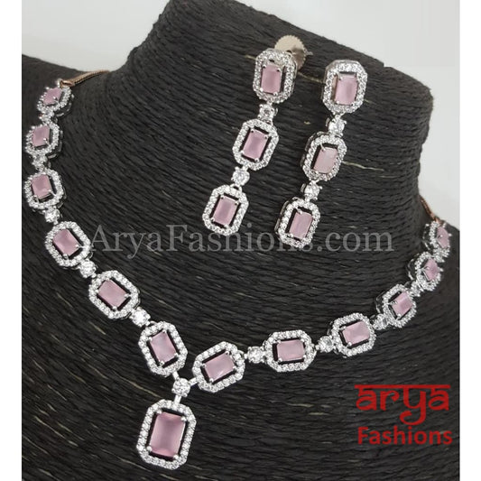 Pink CZ Necklace/ Mint Green Silver Necklace