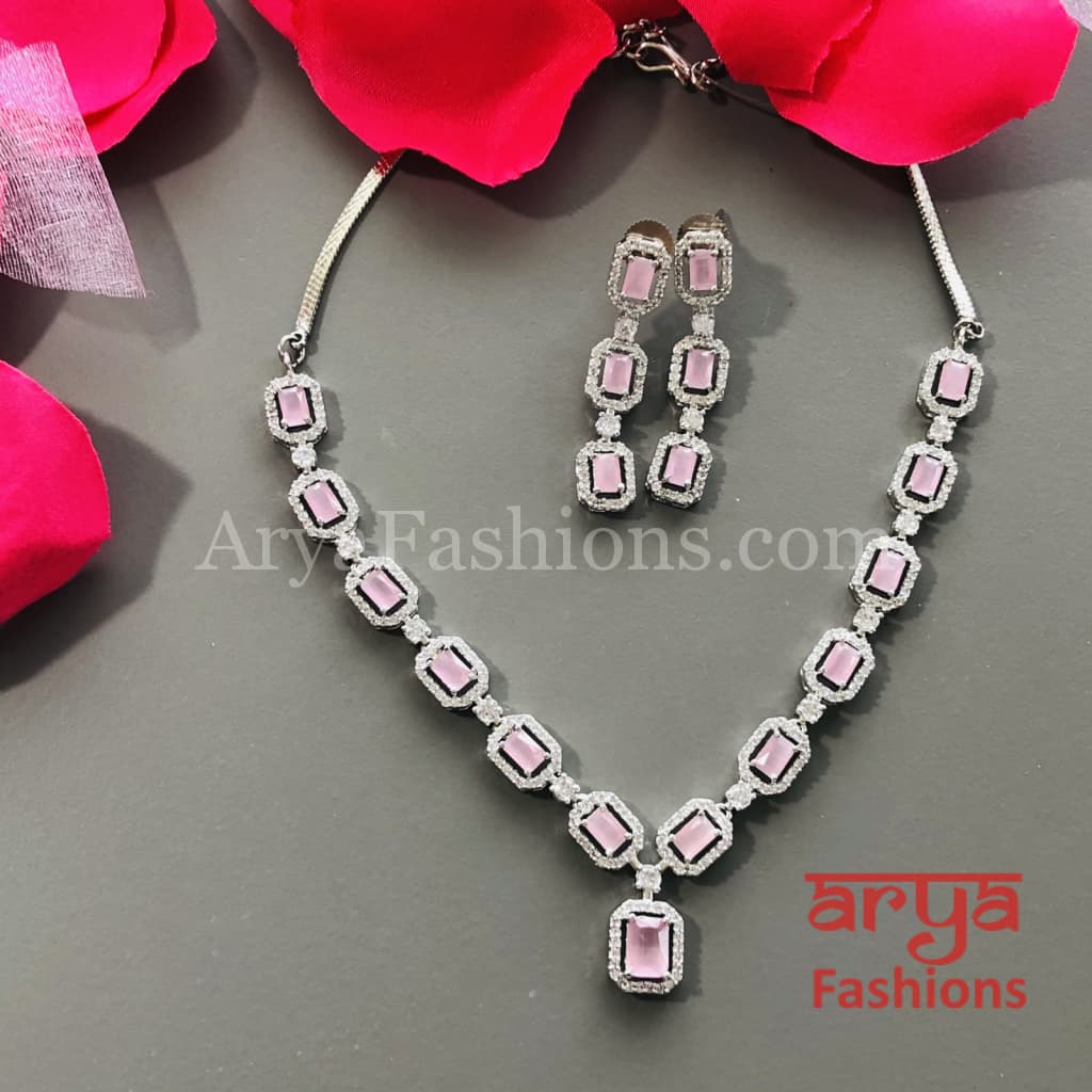 Pink CZ Necklace/ Mint Green Silver Necklace