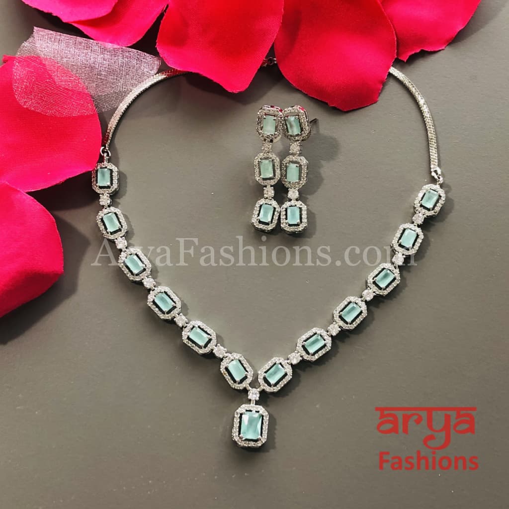 Pink CZ Necklace/ Mint Green Silver Necklace