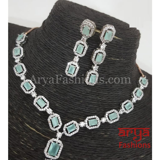 Pink CZ Necklace/ Mint Green Silver Necklace