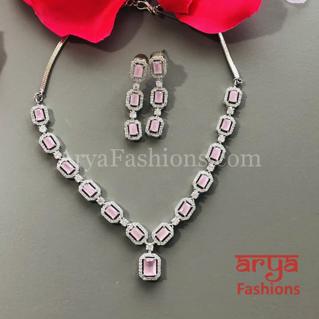 Pink CZ Necklace/ Mint Green Silver Necklace