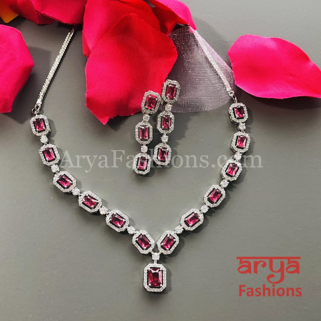 Pink CZ Necklace/ Mint Green Silver Necklace