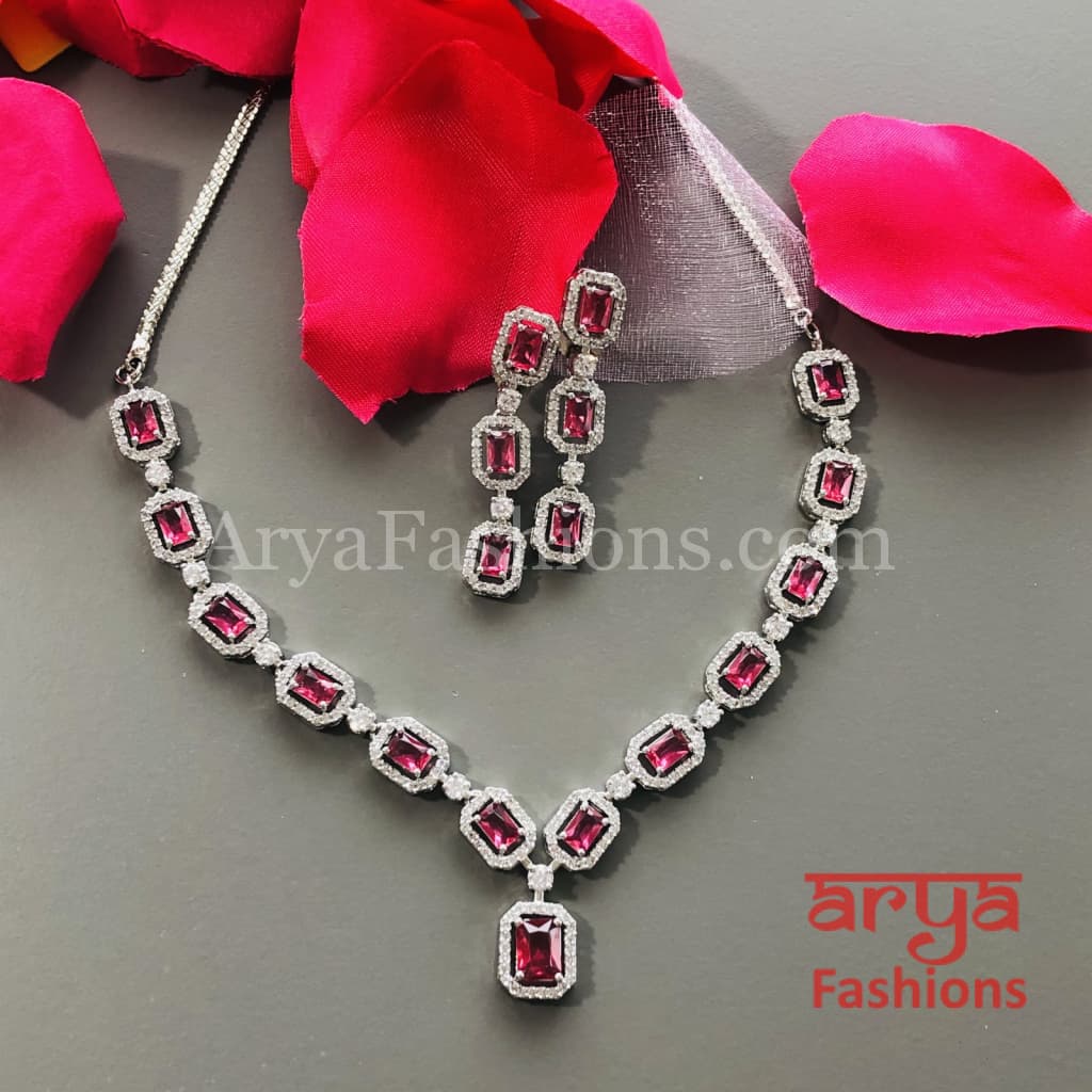 Pink CZ Necklace/ Mint Green Silver Necklace