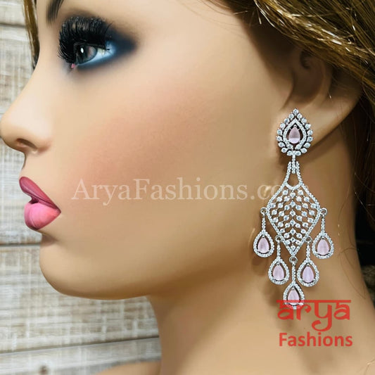 Pink Silver Cubic Zirconia Chandbali/ CZ Cocktail Chandbali Earrings