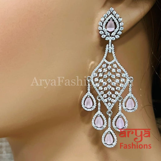 Pink Silver Cubic Zirconia Chandbali/ CZ Cocktail Chandbali Earrings