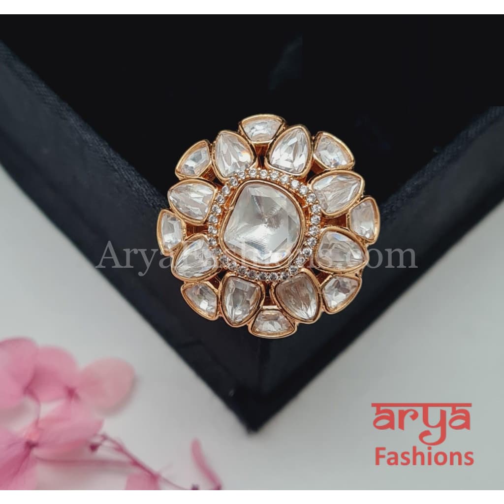 Polki Kundan Round Stud Earrings with Ring Combo Set