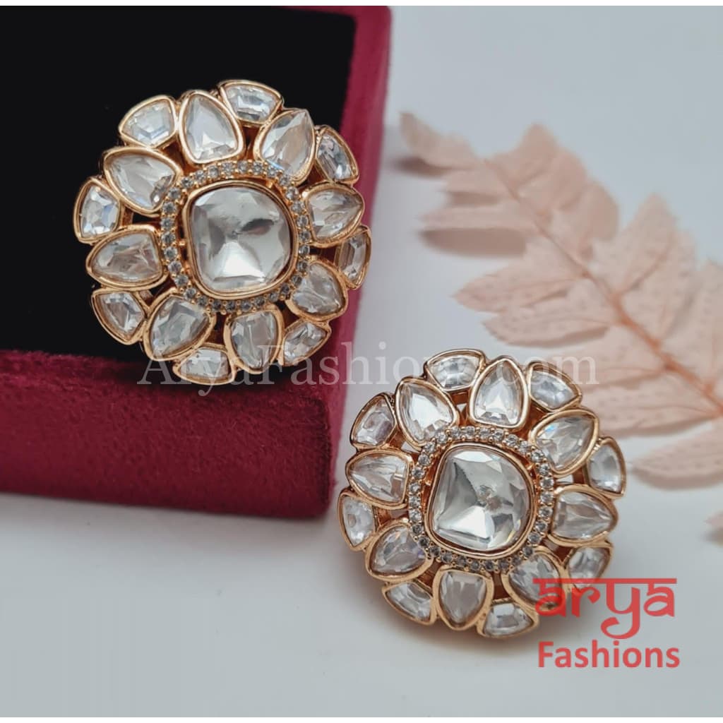 Polki Kundan Round Stud Earrings with Ring Combo Set