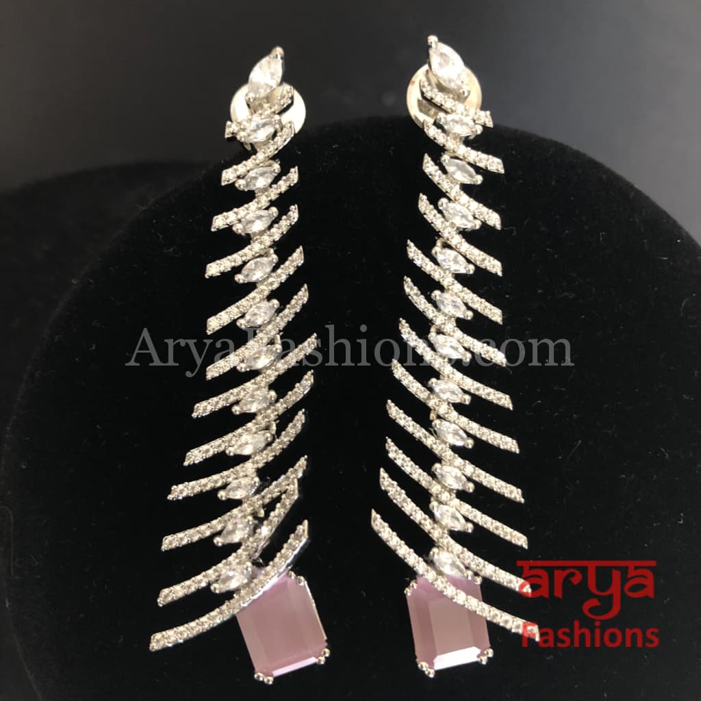 Rima CZ Designer Silver Earrings with Pink/Gray/Mint Green stones