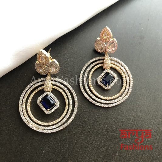 Royal Blue Stone CZ Cocktail Two Tone Earrings Rose Gold Silver Party Danglers