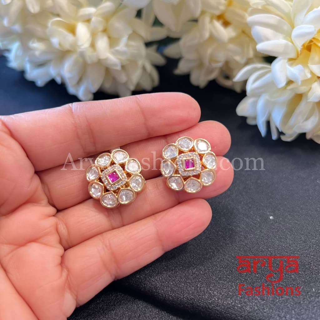 Ruby Green Pink Kundan CZ Studs