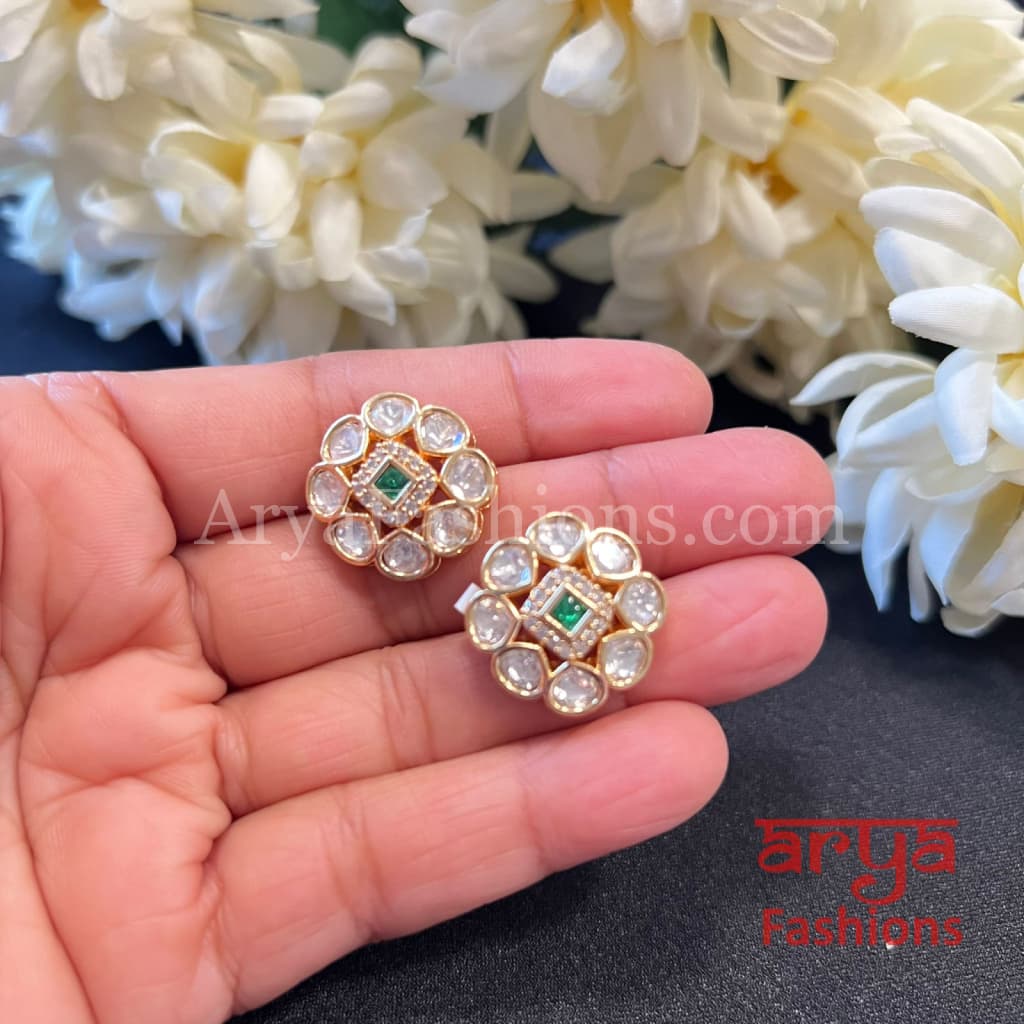 Ruby Green Pink Kundan CZ Studs
