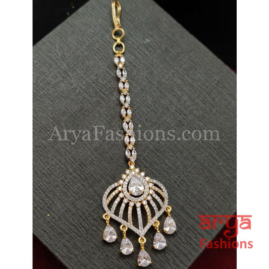 Ruby White Rose Gold CZ Round Mang Tika