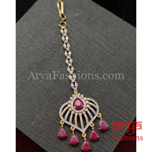 Ruby White Rose Gold CZ Round Mang Tika