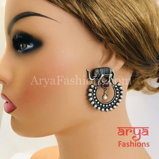 Silver Oxidized Elephant Chandbali Earrings