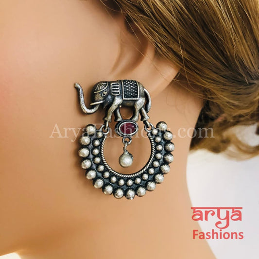 Silver Oxidized Elephant Chandbali Earrings