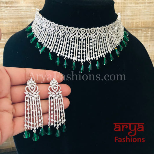 Tara Mint Green CZ Choker/ Silver Cubic Zirconia Emerald Beads Bridal Necklace