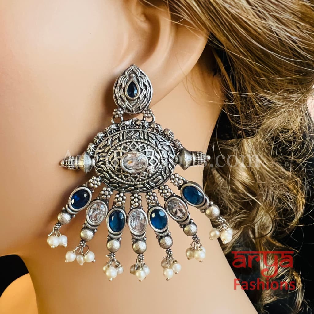 Zeba Silver Oxidized Pearl Chandbali