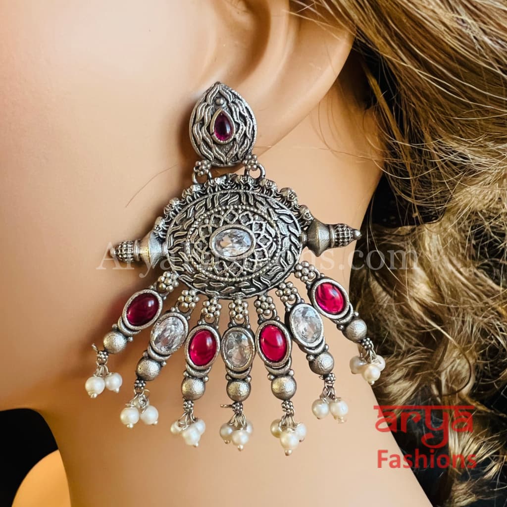 Zeba Silver Oxidized Pearl Chandbali
