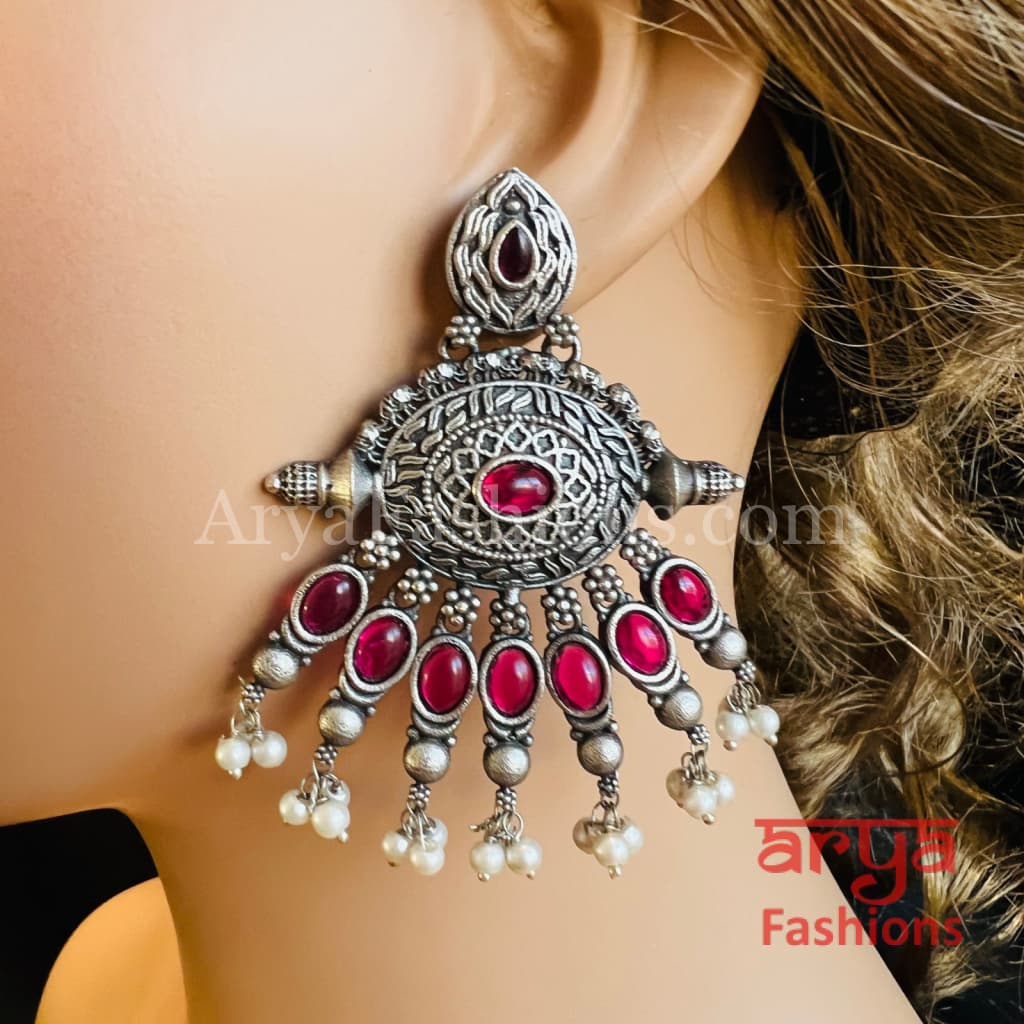 Zeba Silver Oxidized Pearl Chandbali
