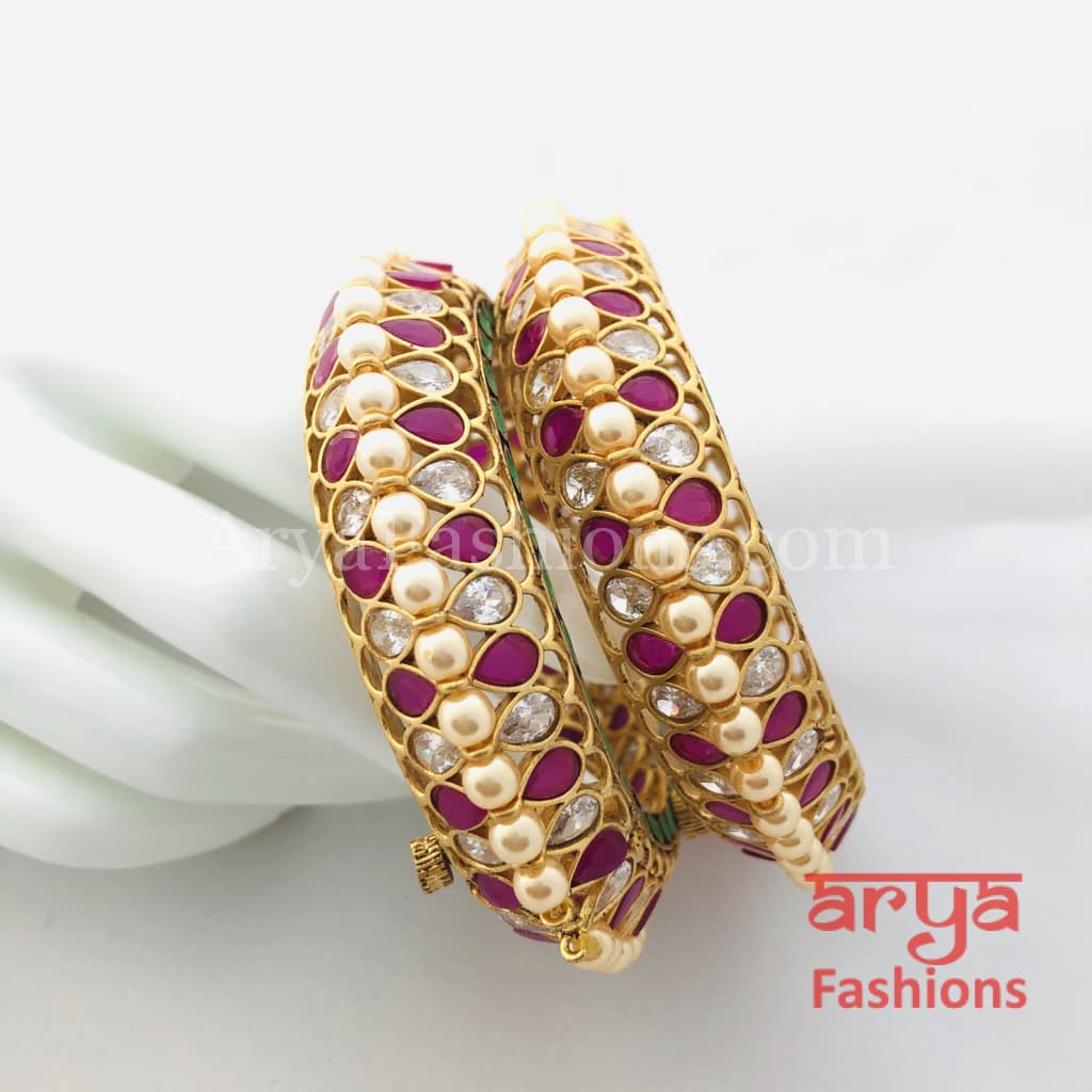 2.4,2.6,2.8 Bridal Kundan Gajra pair of 2 in Mint Green Meenakari and Ruby