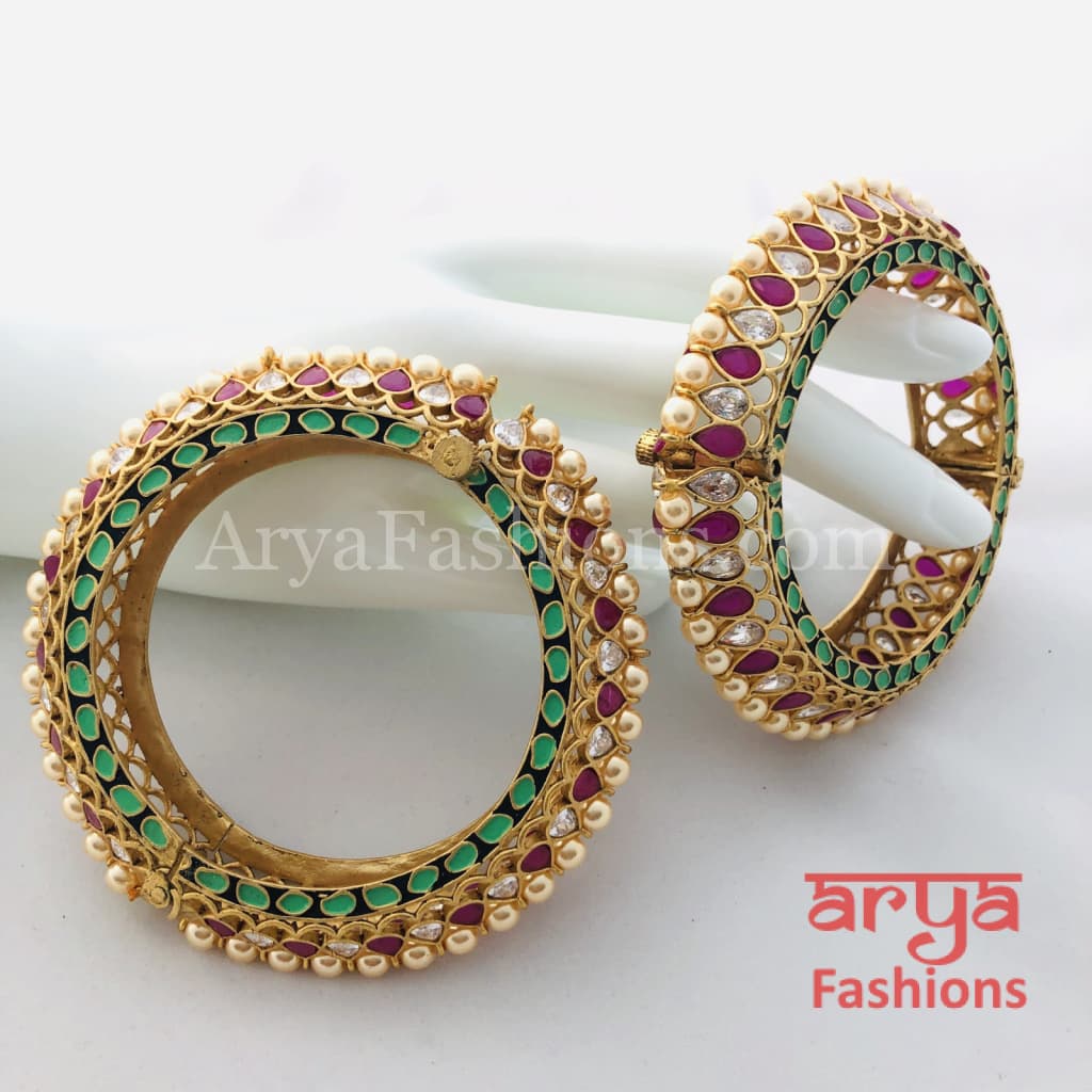 2.4,2.6,2.8 Bridal Kundan Gajra pair of 2 in Mint Green Meenakari and Ruby