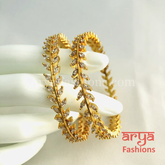 2.4,2.6,2.8 Golden CZ Leaf Bangles,Cubic Zirconia Trendy Kada Bangles