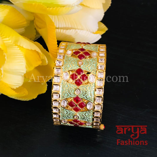 2.4,2.6 size Mint Green Meenakari Kundan Openable Bracelet with Red Stones