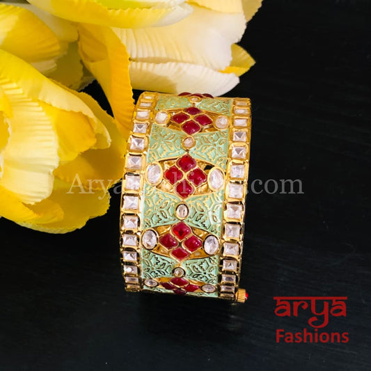 2.4,2.6 size Mint Green Meenakari Kundan Openable Bracelet with Red Stones