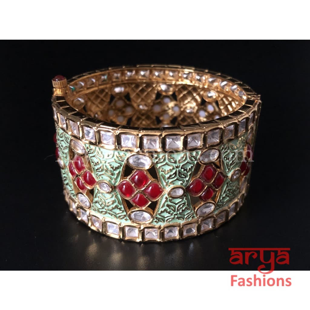 2.4,2.6 size Mint Green Meenakari Kundan Openable Bracelet with Red Stones