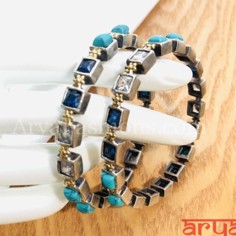 2.4 Silver Oxidized Bangles with colored stones Pair of 2