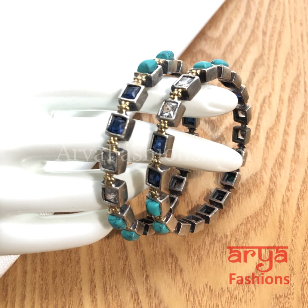 2.4 Silver Oxidized Bangles with colored stones Pair of 2