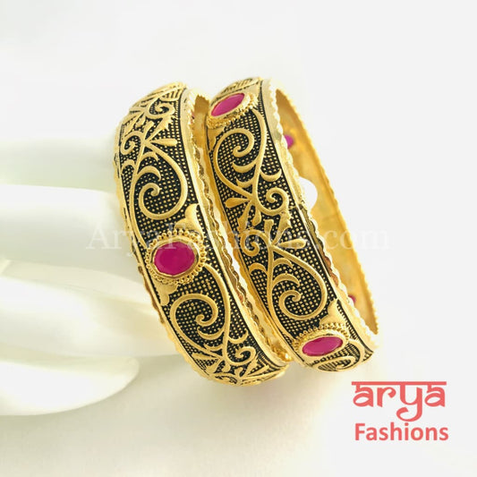 2.6 Golden Ruby Kada Bangles with Black Meenakari