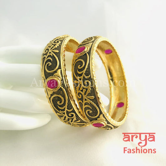 2.6 Golden Ruby Kada Bangles with Black Meenakari