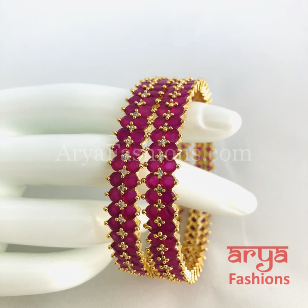 2.6 Golden Ruby Pink CZ Trendy Bangles Set of 2