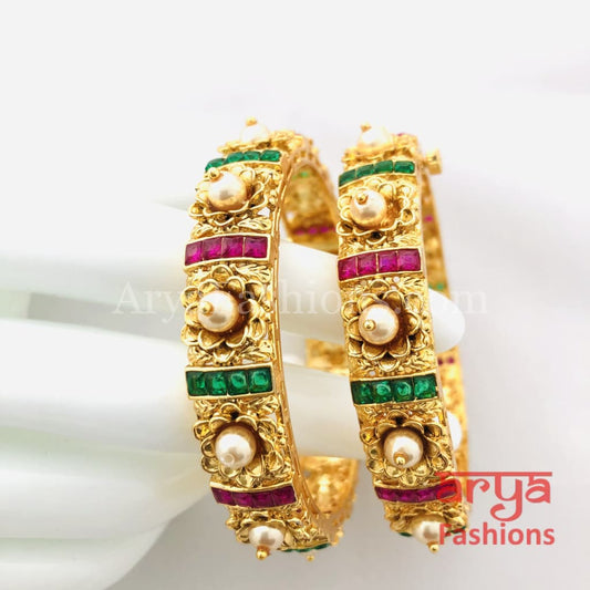 2.6 size Kundan Ruby Rajwadi Meenakari Bangles with Pearls