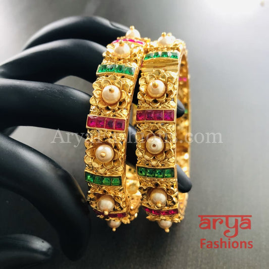 2.6 size Kundan Ruby Rajwadi Meenakari Bangles with Pearls