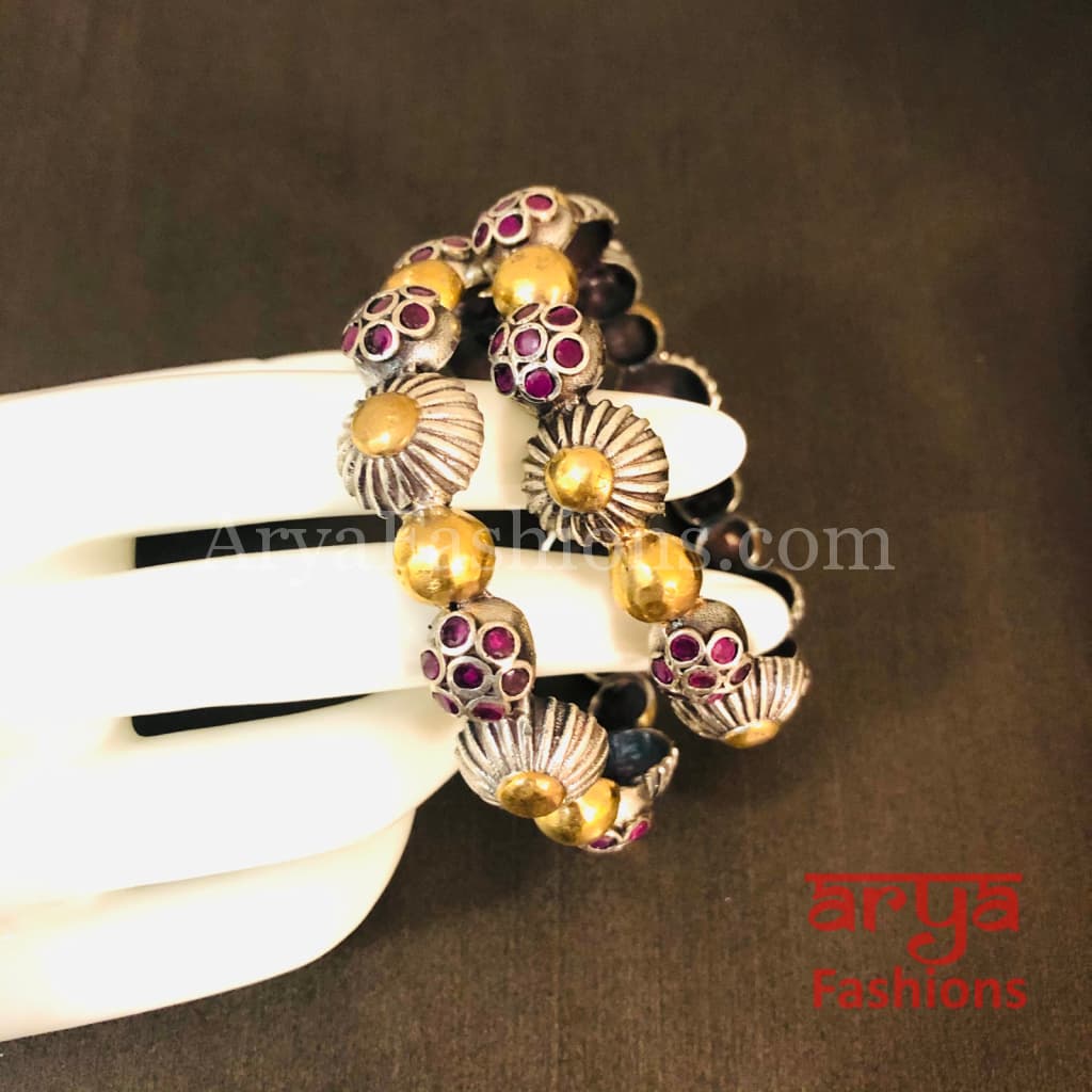 2.6 size Oxidized Dual Tone Gold bangles with Pink. White and Green stones