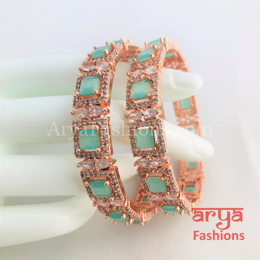 2.6 size Rose Gold Mint Green Stone Bangles Pair of 2