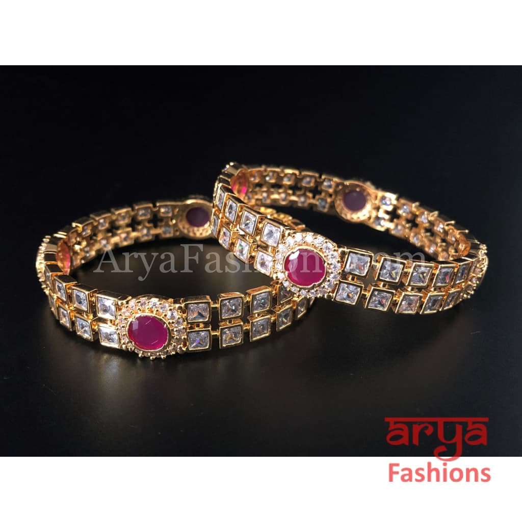 2.6 size Ruby and White CZ Stones Studded Bridal Bangles