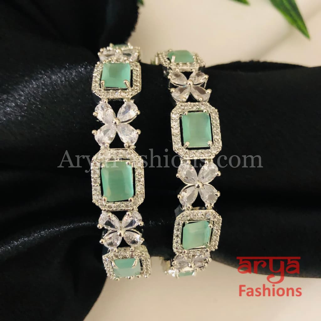 2.6 size Silver Mint Green Stone Bangles Pair of 2