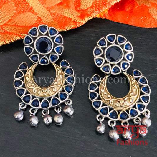 Ahira Dual Tone Colored Stone Studded Silver Oxidized Chandbali Earrings