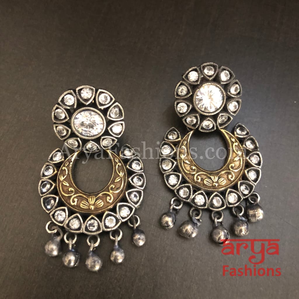 Ahira Dual Tone Colored Stone Studded Silver Oxidized Chandbali Earrings