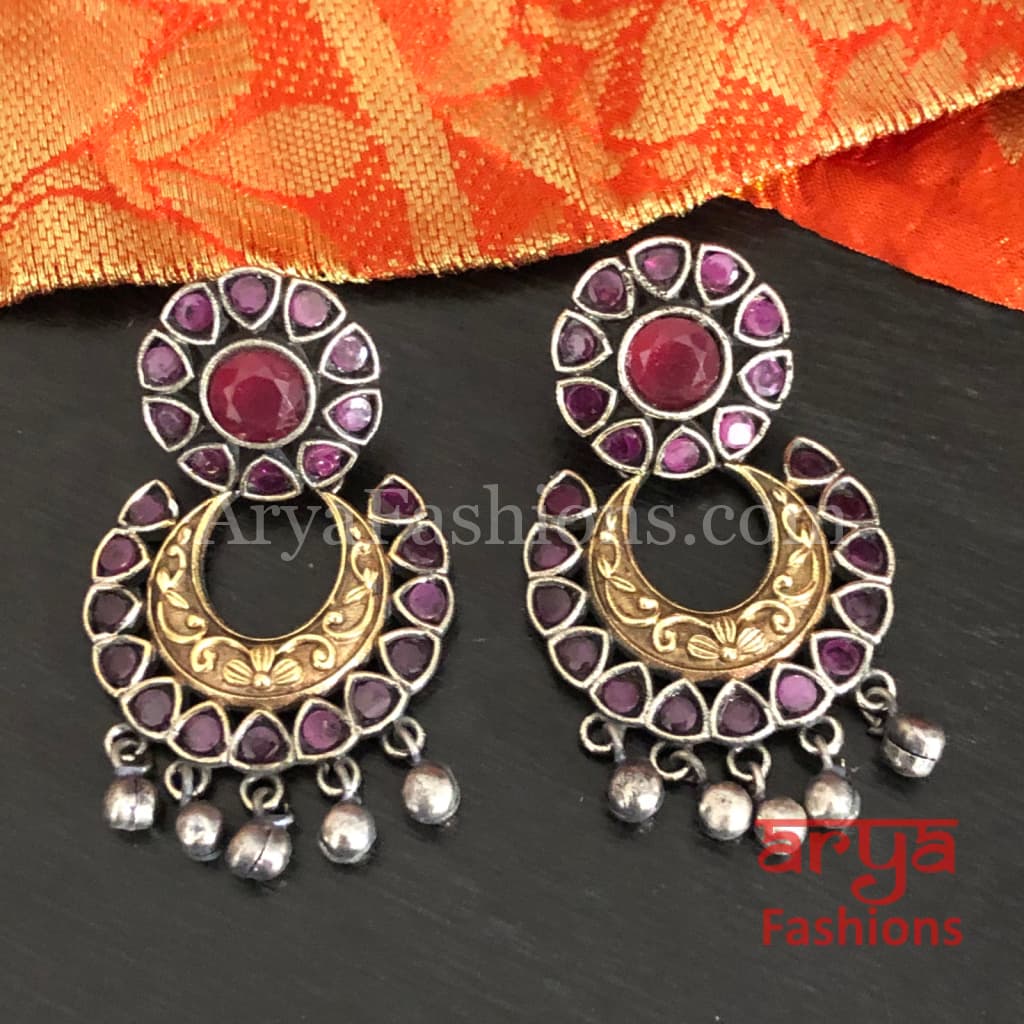 Ahira Dual Tone Colored Stone Studded Silver Oxidized Chandbali Earrings